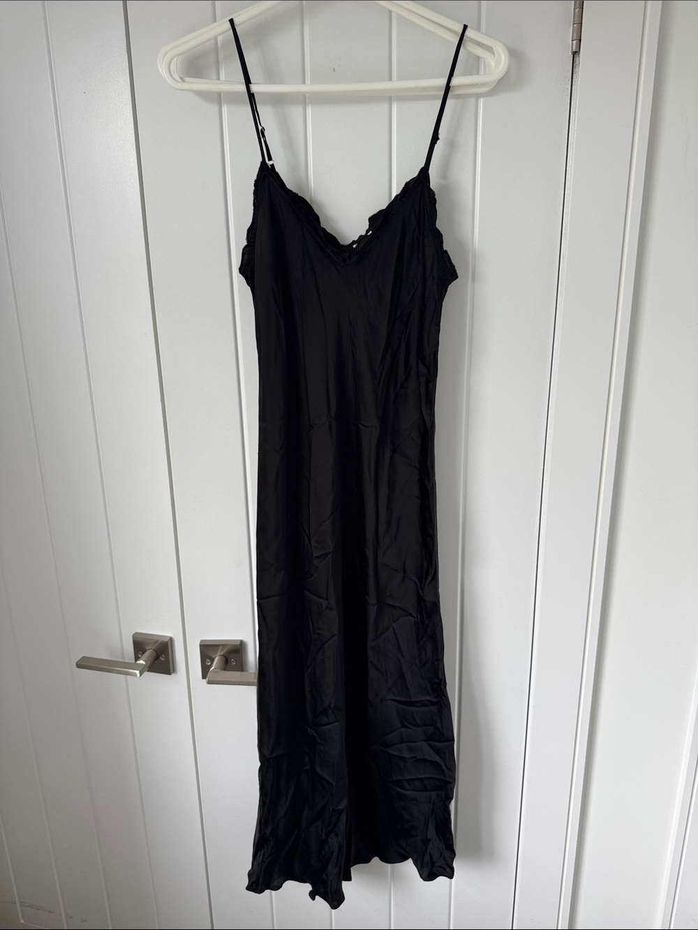 Black Satin Wilfred Midi Slip Dress with Spaghetti Straps - size small